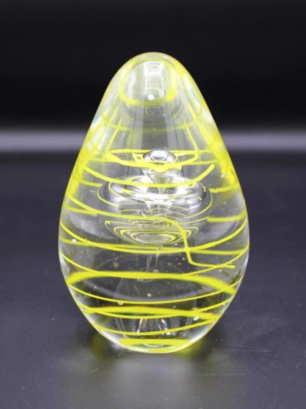 Egg-Shaped Art Glass Paperweight with Yellow Swirl